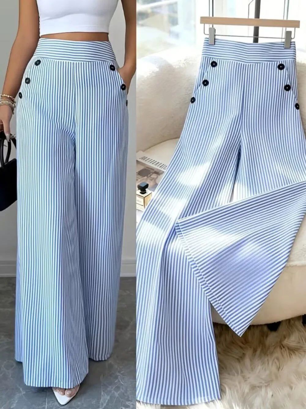 NWT Striped Wide Leg Pants High Waist Nautical Sailor Button Trousers